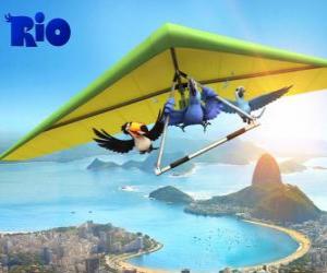 Puzzle Blu Macaw, Toucan Rafael Jewel και κολλάει ανεμόπτερο πετάει πάνω από την πόλη του Ρίο ντε Τζανέιρο